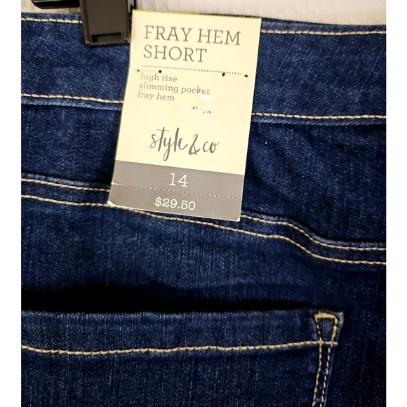 Style & Co ~Woman Size 14~ Blue Denim Fray Hem High Rise Shorts Stretch NWT. - Picture 2 of 14